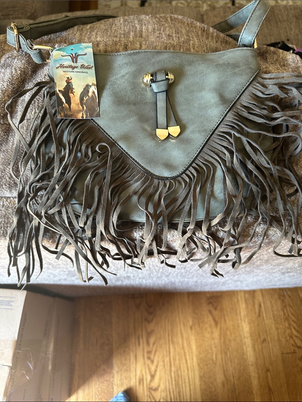 Heritage West Olive Fringe Suede Shoulder Bag with Gold Accents